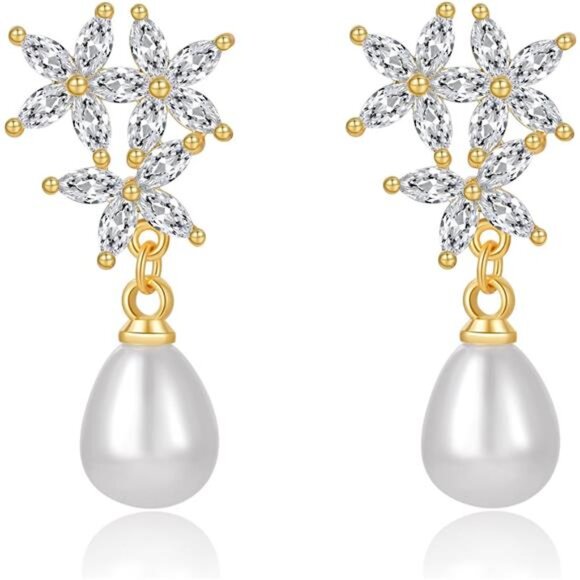 Gold-Plated Pearl Drop Earrings – CZ Leverback Design, Hypoallergenic - Picture 6 of 6